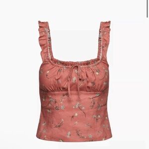 Floral Ruffle Linen Trim Top in Pink Size XS